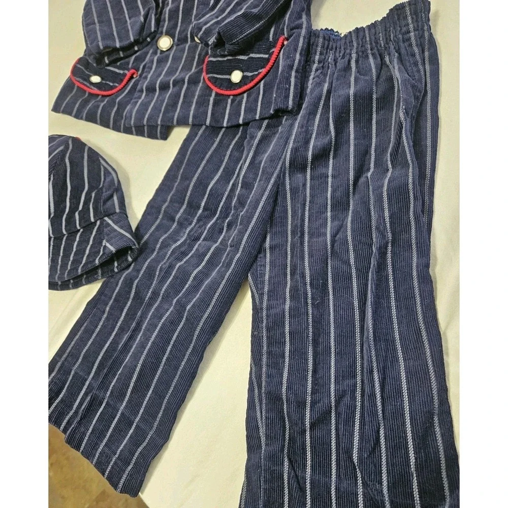 Vtg 70s By Thomas Blue Striped Corduroy 3 Pc Kids Suit Blazer Pants Hat Set 3T